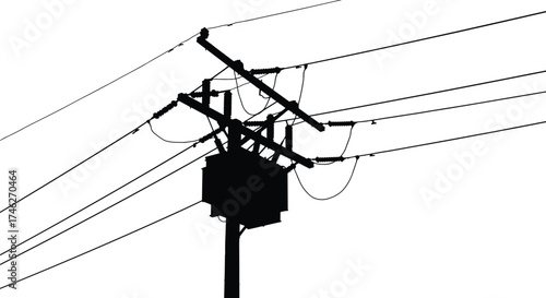 Black silhouette of electric transformer pole with high voltage power lines and cables for urban electricity distribution system illustration