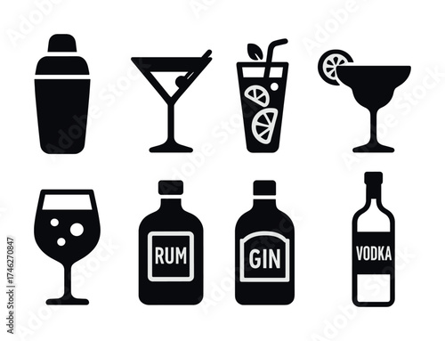 Vector Cocktail and spirit icons: shaker, margarita, martini, rum, gin, vodka, glass