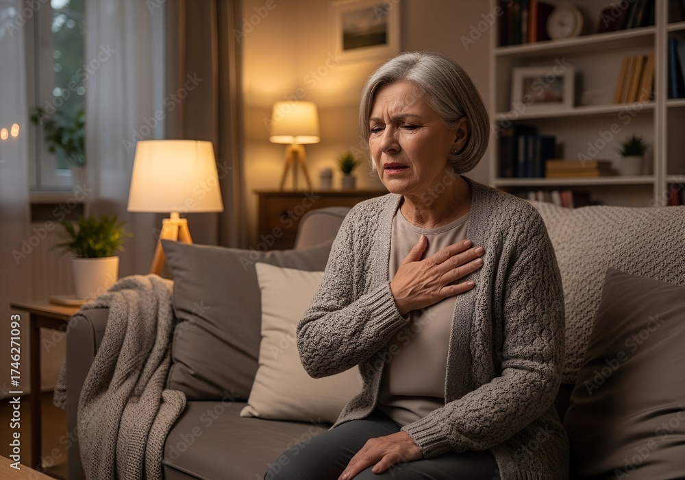 Obraz premium Senior woman feeling chest discomfort while sitting on sofa in cozy home environment