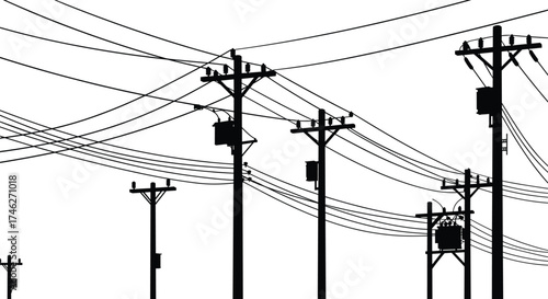 Black silhouette of electric utility poles with power lines and transformers on white background for industrial electricity vector illustration design