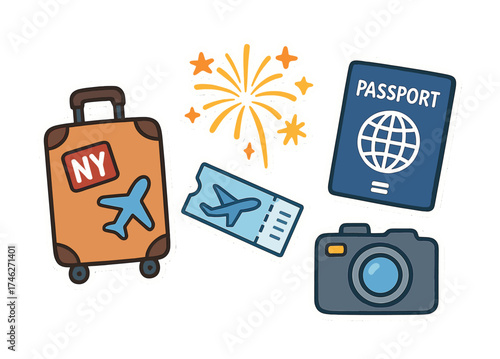 Vector Travel essentials illustration with suitcase, passport, and camera