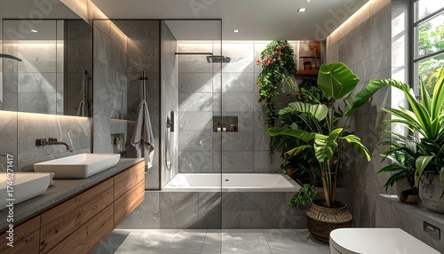 Modern bathroom with natural light and lush plants for a relaxing atmosphere