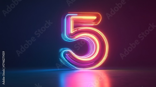 Wallpaper Mural Illuminated Neon Number 5: A vibrant, glowing number five, rendered in a sleek, neon design, poised against a dark, atmospheric backdrop. Torontodigital.ca
