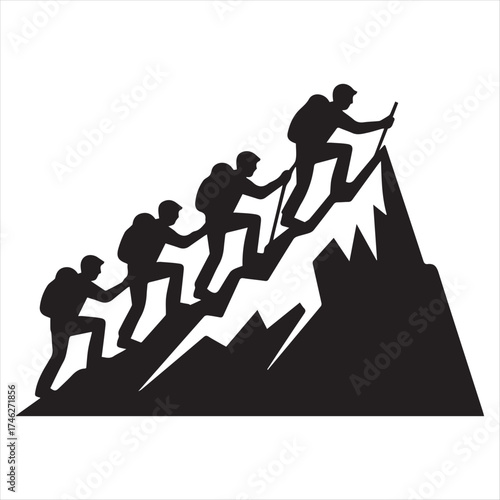 Black Silhouettes Climbing Mountain Peak vector
