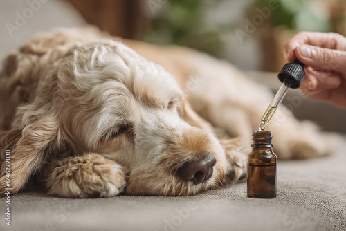 CBD For Pets. Dog Calmly Taking Nutritional Pet Supplement from Dropper
