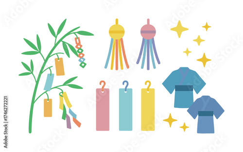 Vector Colorful tanabata festival elements with bamboo tree and streamers on white background