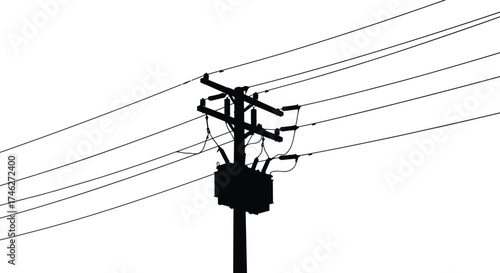 Black silhouette of electrical distribution pole with power transformer and high voltage cables on white background for industrial energy illustration