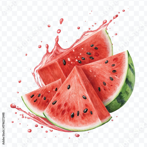 fresh watermelon slices  fruit with  Juice splash in different style isolated on transparent background