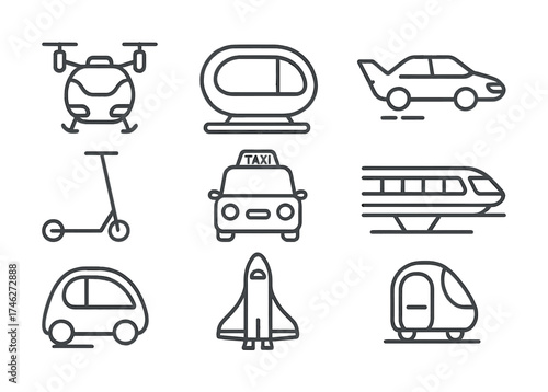 Vector Icons of modern urban transportation: drone, monorail, electric car, scooter, taxi, train, space shuttle