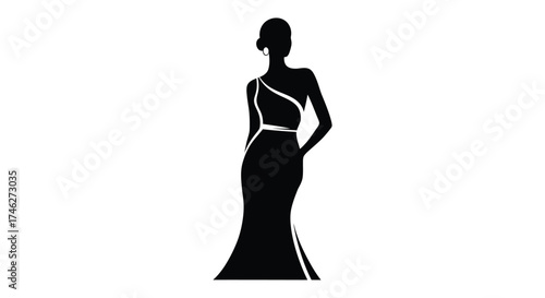 Elegant silhouette of a woman in a full-length evening gown with a one-shoulder strap