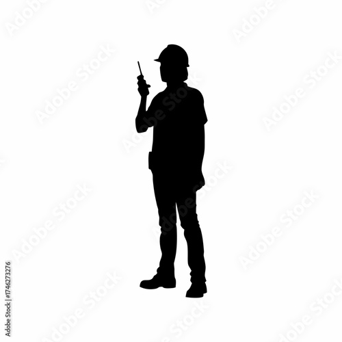 Construction manager silhouette giving walkie talkie instructions isolated on white background