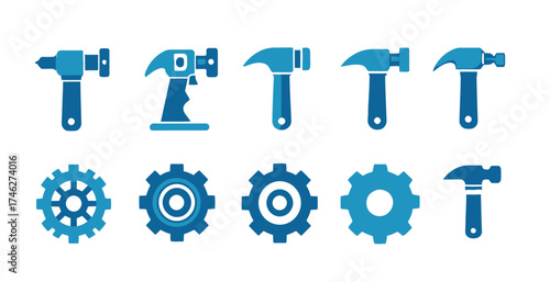 A collection of blue flat design icons featuring various hand tools like hammers and power drills, alongside mechanical gears, set against a clean white background.
