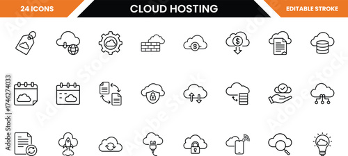 Collection of cloud hosting icons, isolated on white background, illustrating cloud computing concepts and digital services
