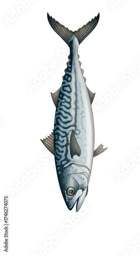 Illustration of a mackerel fish with blue and silver coloration on a white background.