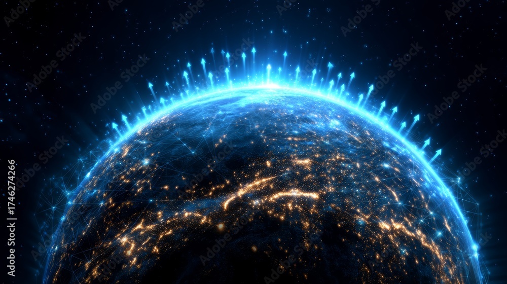 Obraz premium Global business, market growth, worldwide commerce futuristic, dark blue background. Global Economic Growth Concept with Polygon Earth, Arrows, and Borderless Commerce | Copy Space for Text