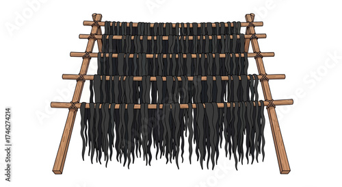 Seaweed drying on a wooden rack against a white background.