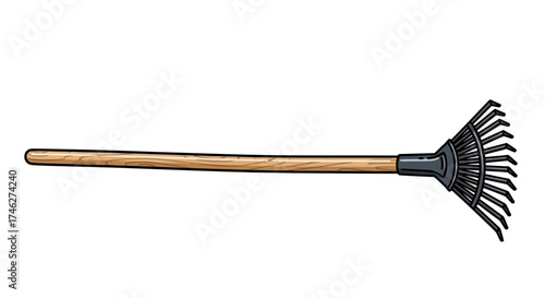 A garden rake with a wooden handle and black tines on a white background.