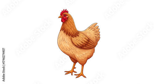 Illustration of a brown chicken standing against a white background.