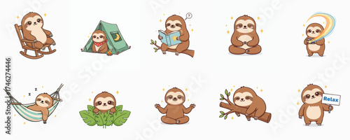 Cute cartoon sloth illustrations displaying varied activities and expressions on white background