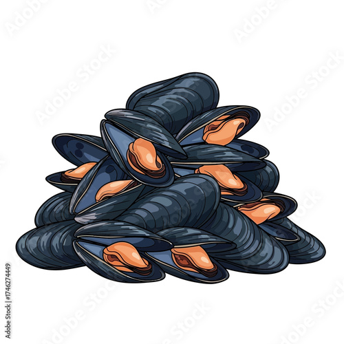 Pile of mussels with black shells and orange flesh on a white background.