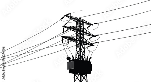 Black silhouette of high voltage transmission tower with power transformer and electric lines on white background for industrial energy illustration