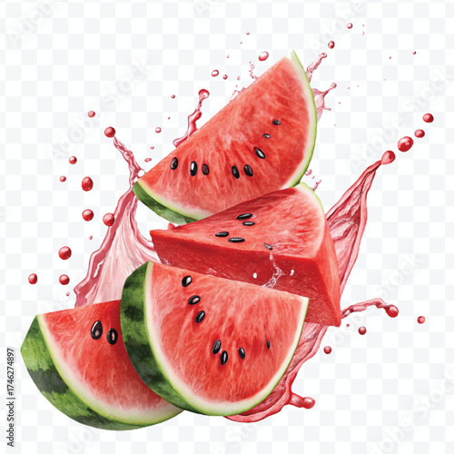 fresh watermelon slices  fruit with  Juice splash in different style isolated on transparent background