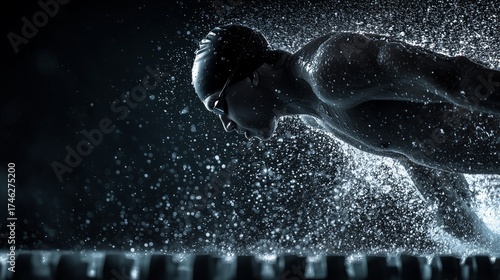 Professional swimmer launching off the starting block, water splashing in all directions, dark minimal background, high contrast and sharp freeze-frame action.