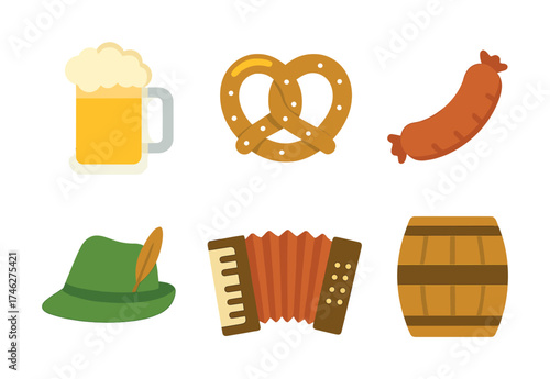 Vector Oktoberfest icons: beer, pretzel, sausage, hat, accordion, barrel