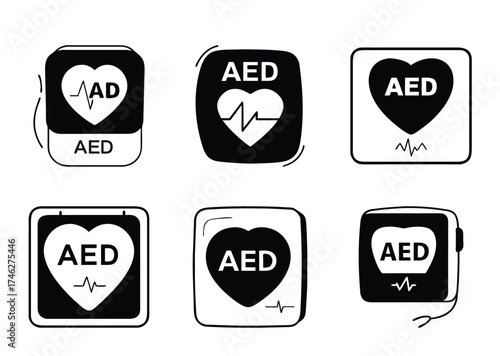 Automated External Defibrillator AED Icon Set in Simple Black and White Style