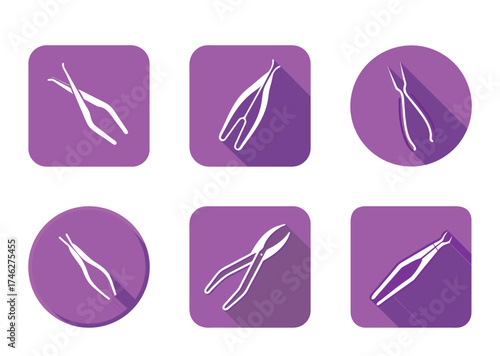 Collection of purple medical instrument icons depicting forceps or tweezers tools
