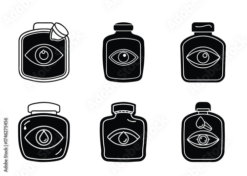 Collection of symbolic bottles containing stylized eyes in black and white