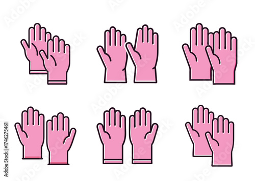 Collection of Various Styles and Orientations of Pink Cleaning Gloves Illustration