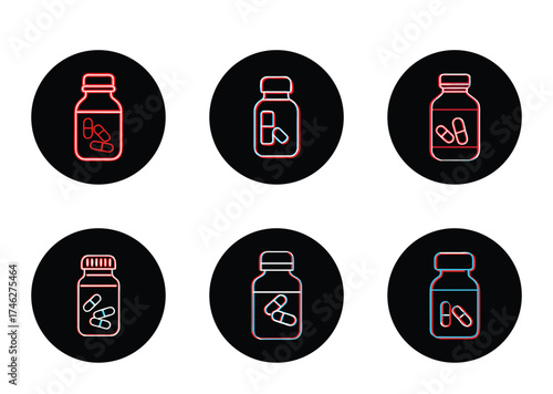 Colorful Pill Bottle Icons on a Black Circular Background with a Red and Cyan Theme