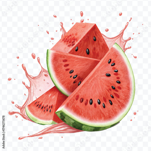 fresh watermelon slices  fruit with  Juice splash in different style isolated on transparent background