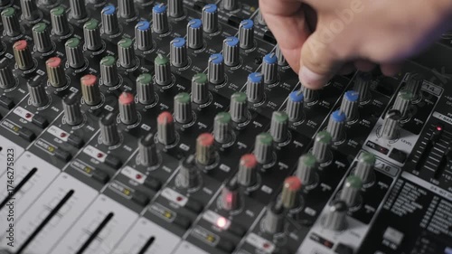 Close-up shot of a sound engineer's hand turning colorful blue, green, and red EQ knobs on a pro audio mixing console, precisely adjusting frequency levels in a recording studio environment.