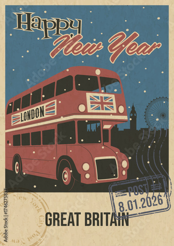 Happy New Year Great Britain Attraction Greeting card. London Red Bus Illustration, Vector Template Retro Postcard Style. Postal Imprint, Aged Paper Texture, Snow