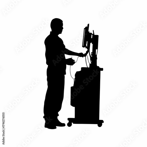 Silhouette of a dialysis technician checking machine pressure isolated on white background