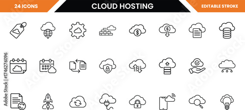 Cloud hosting icons set, collection of 34 editable stroke icons for web and mobile, including cloud storage, data transfer, security, and analytics, isolated on white background