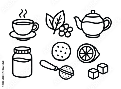 Vector Tea time icons: cup, teapot, herbs, lemon, honey, sugar cubes, and strainer