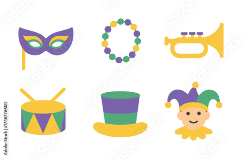Vector Colorful mardi gras symbols: mask, beads, trumpet, drum, hat, jester