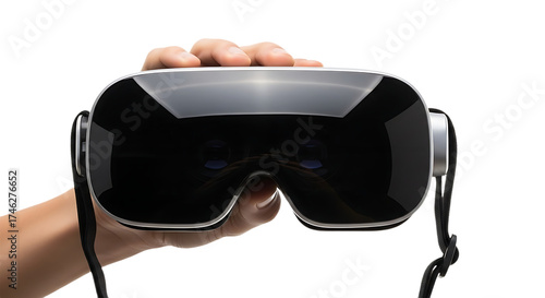 Hand Holding a Sleek Virtual Reality Headset with a Reflective Front