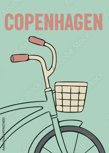 Minimal Preppy Style Illustration of Copenhagen Bicycle; Danish Cityscape, Scandinavia Travel Poster, Retro Art Print Design