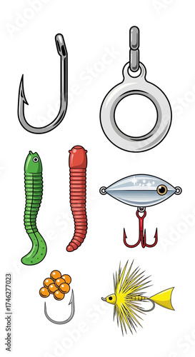 Fishing tackle including hooks lures and bait displayed on a white background.