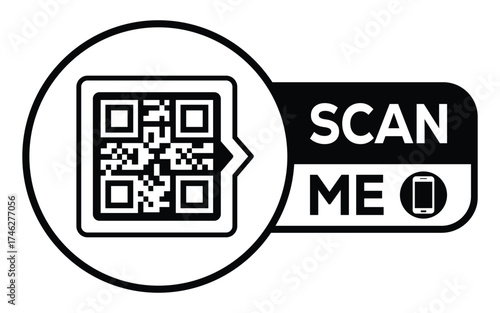 Minimalist black and white QR code icon with “Scan Me” label and smartphone symbol. Clean modern design ideal for digital access, marketing, payments, and contactless technology concepts.