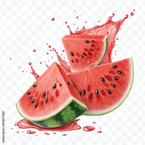 fresh watermelon slices  fruit with  Juice splash in different style isolated on transparent background
