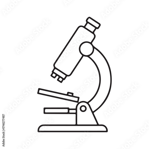 Microscope vector line icon isolated on white background. Simple linear web design of scientific instrument for lab research, medical tests. Abstract flat symbol of micro analyze and health science.
