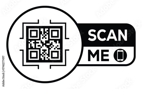Minimalist black and white QR code icon with “Scan Me” label and smartphone symbol. Clean modern design ideal for digital access, marketing, payments, and contactless technology concepts.
