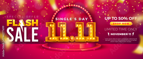Singles Day 11 November Shopping Day Sale Design with 3d 11.11 Light Bulb Number, Stage Podium and Falling Confetti on Red Background. Chinese Mid Autumn Vector Special Offer Discount Illustration for