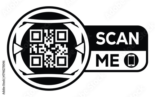 Minimalist black and white QR code icon with “Scan Me” label and smartphone symbol. Clean modern design ideal for digital access, marketing, payments, and contactless technology concepts.