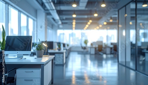 Modern office space. Light, blurred, and pristine desks in row